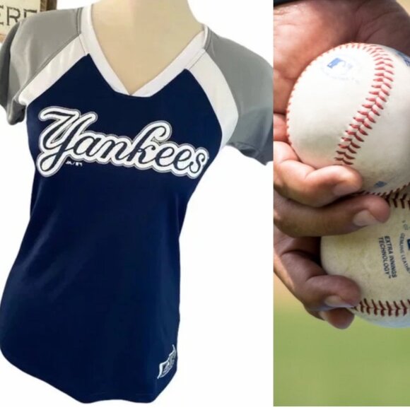 MLB NEW YORK YANKEES Tee Shirt Size Med Short Raglan Sleeves V Neck World Series - Picture 3 of 8